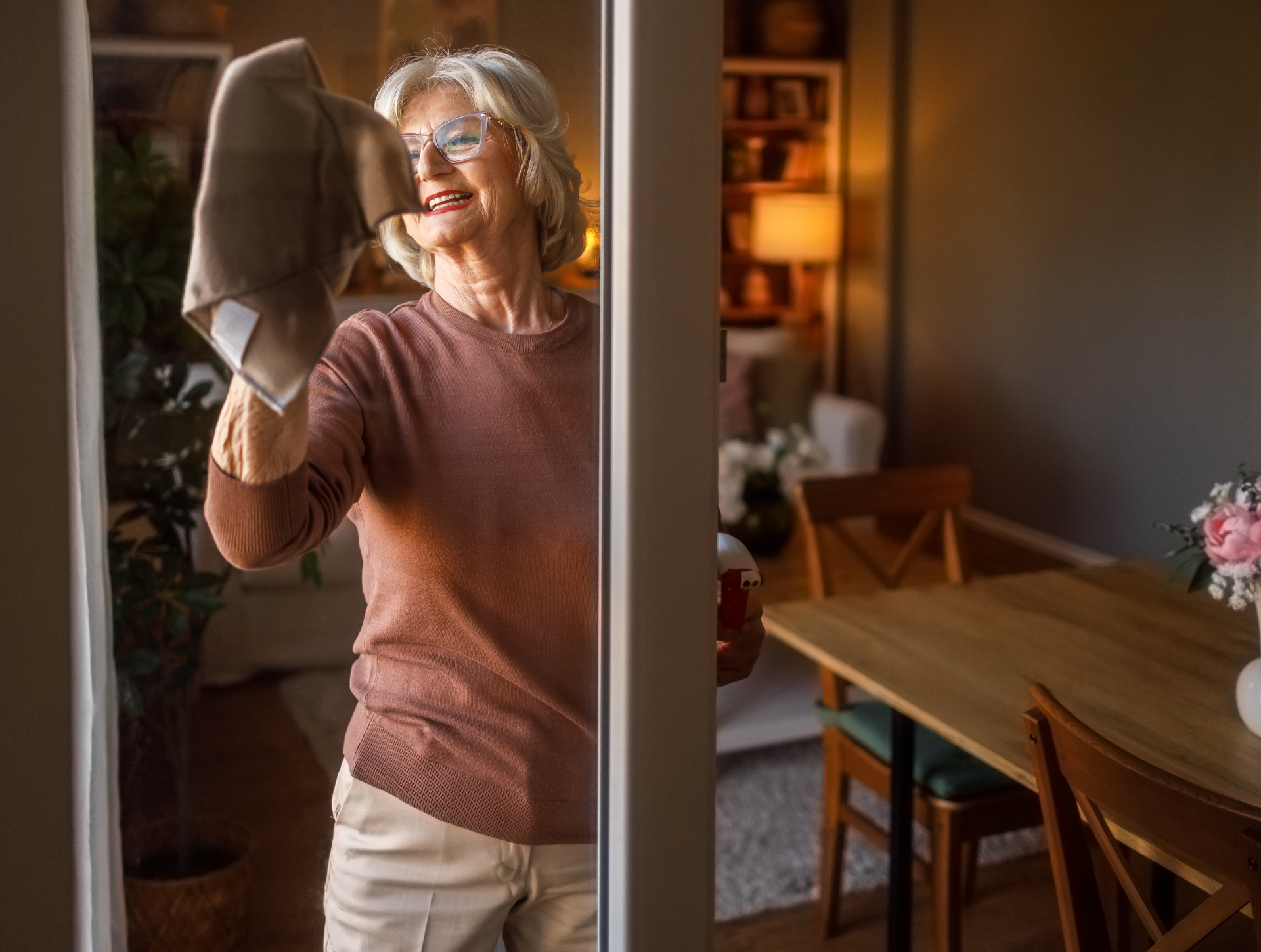 Woman cleaning house dust windows with flower vase