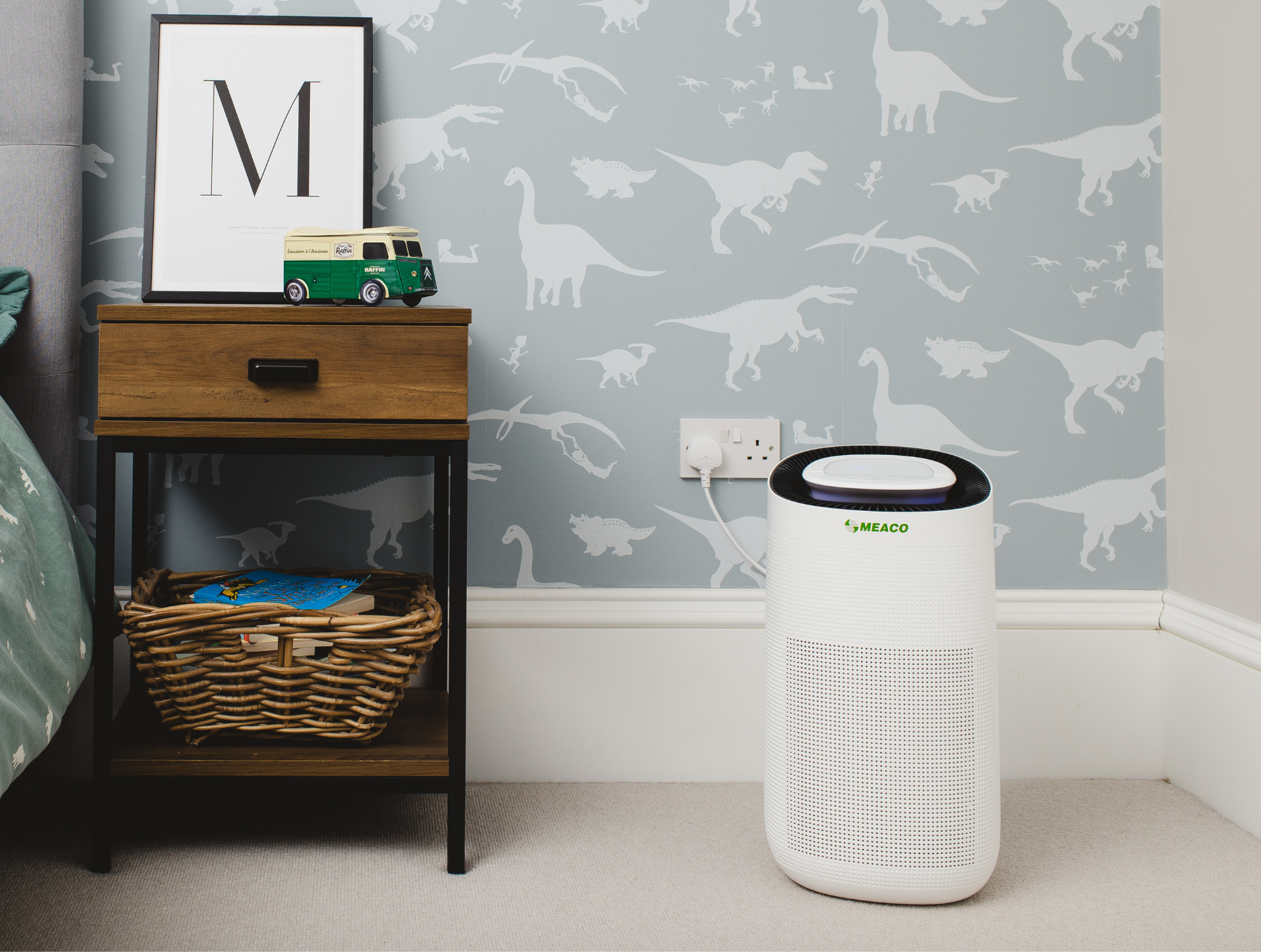 MeacoClean 76x5 Air Purifier in childs bedroom with dinosaur print