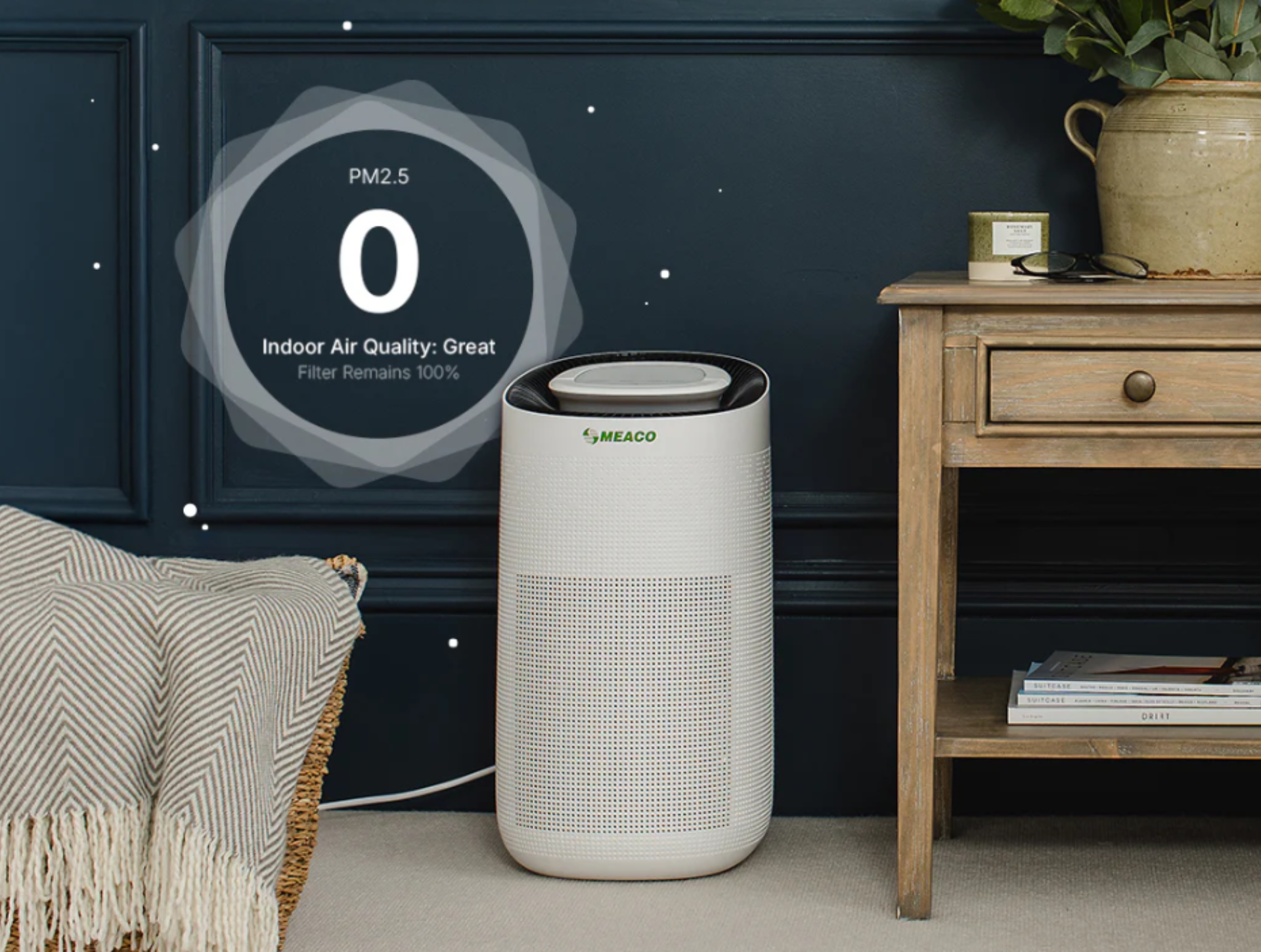 MeacoClean 76x5 Air Purifier with CADR Purity rating situated at bedroom bedside