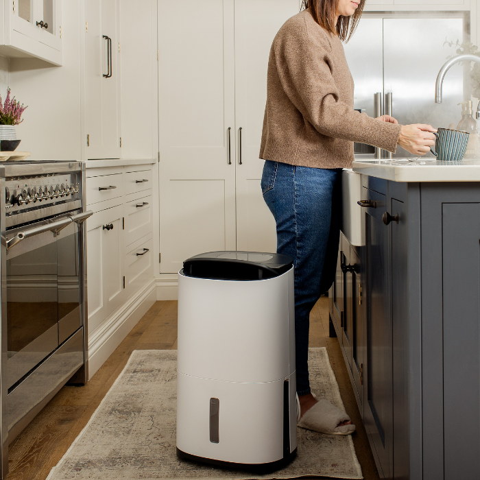 MeacoDry Arete Two dehumidifier air purifier lifestyle photo of woman in kitchen