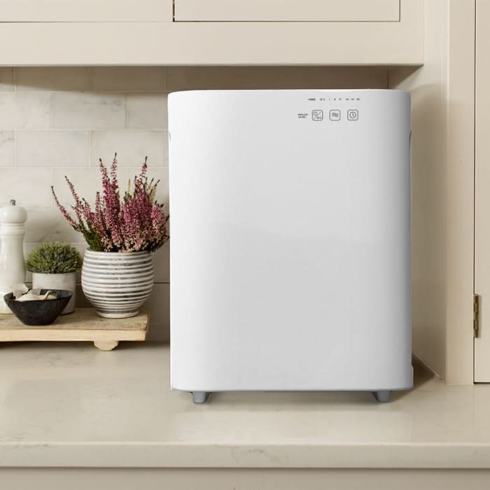 MeacoClean 47x5 Air Purifier on kitchen countertop