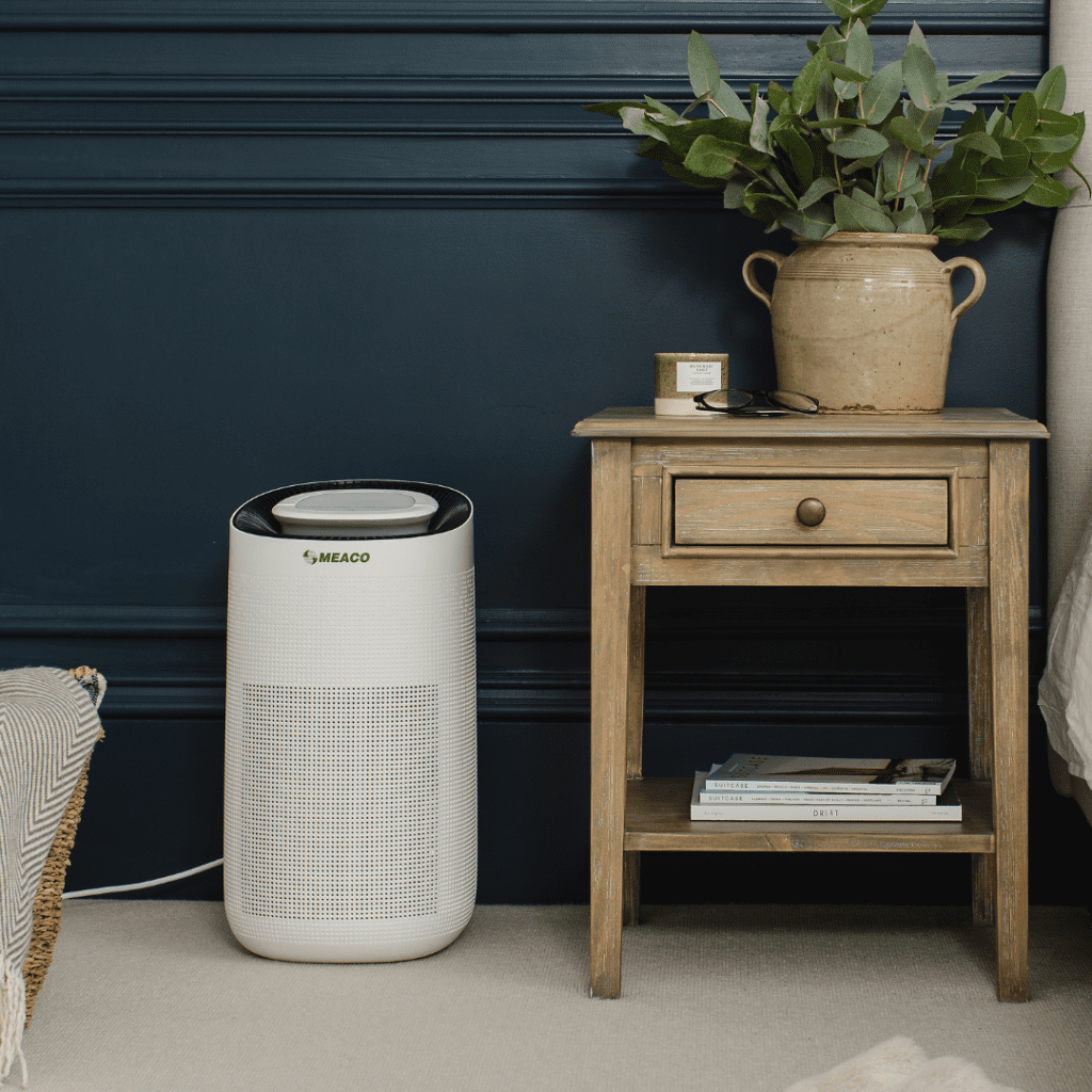 MeacoClean 76x5 Air Purifier in bedroom cleaning the air