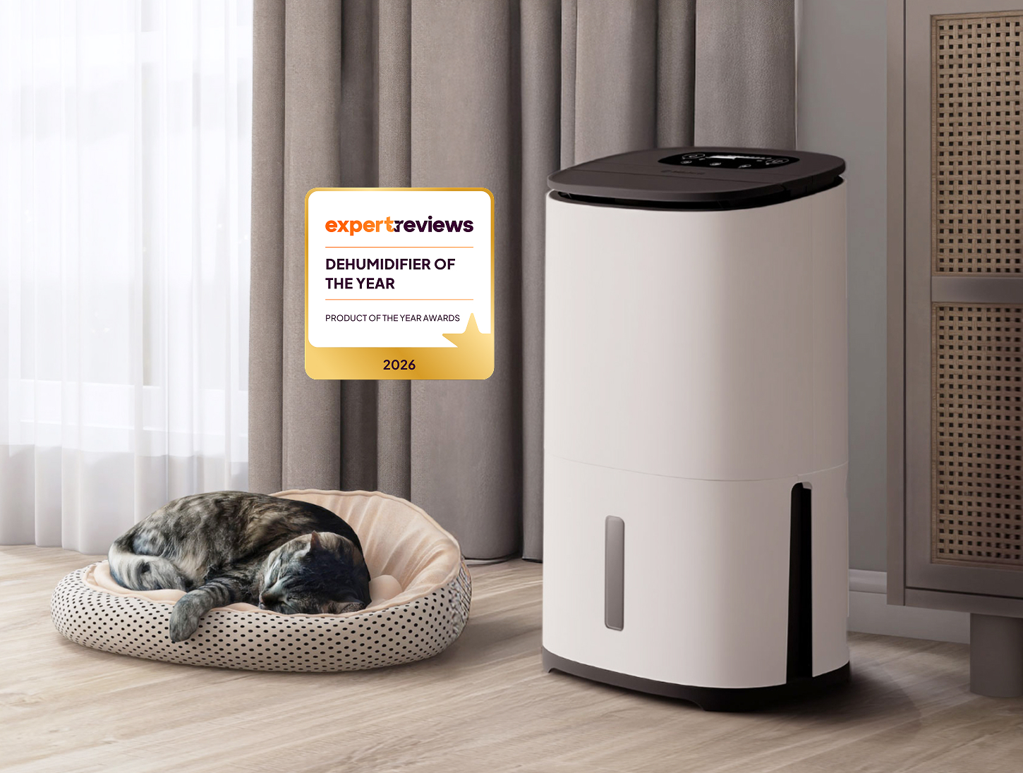 MeracoDry Arete Two Dehumidifier wins Expert Review Test Seal in living room with cat
