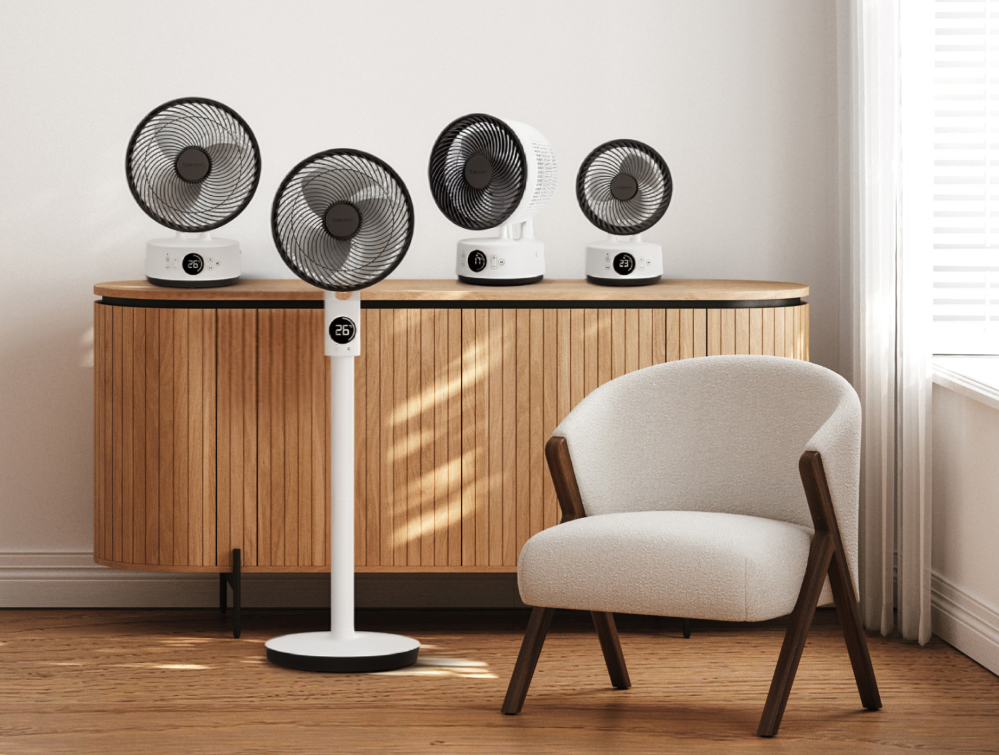 MeacoFan Sefte family different sizes on sidetable in lounge